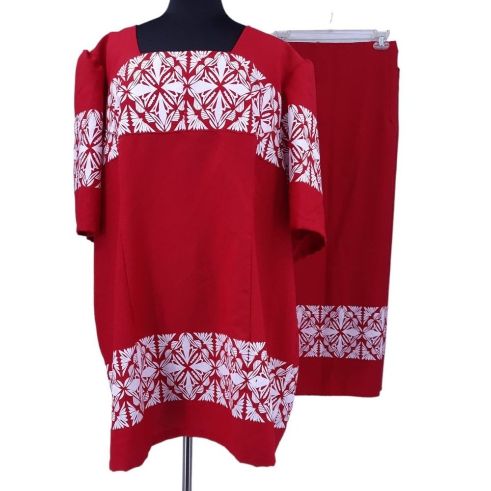 VTG 80s Red Hawaiian Puff Sleeve Square Neck Blouse Wrap Skirt Set Plus Size 5X - Picture 1 of 11